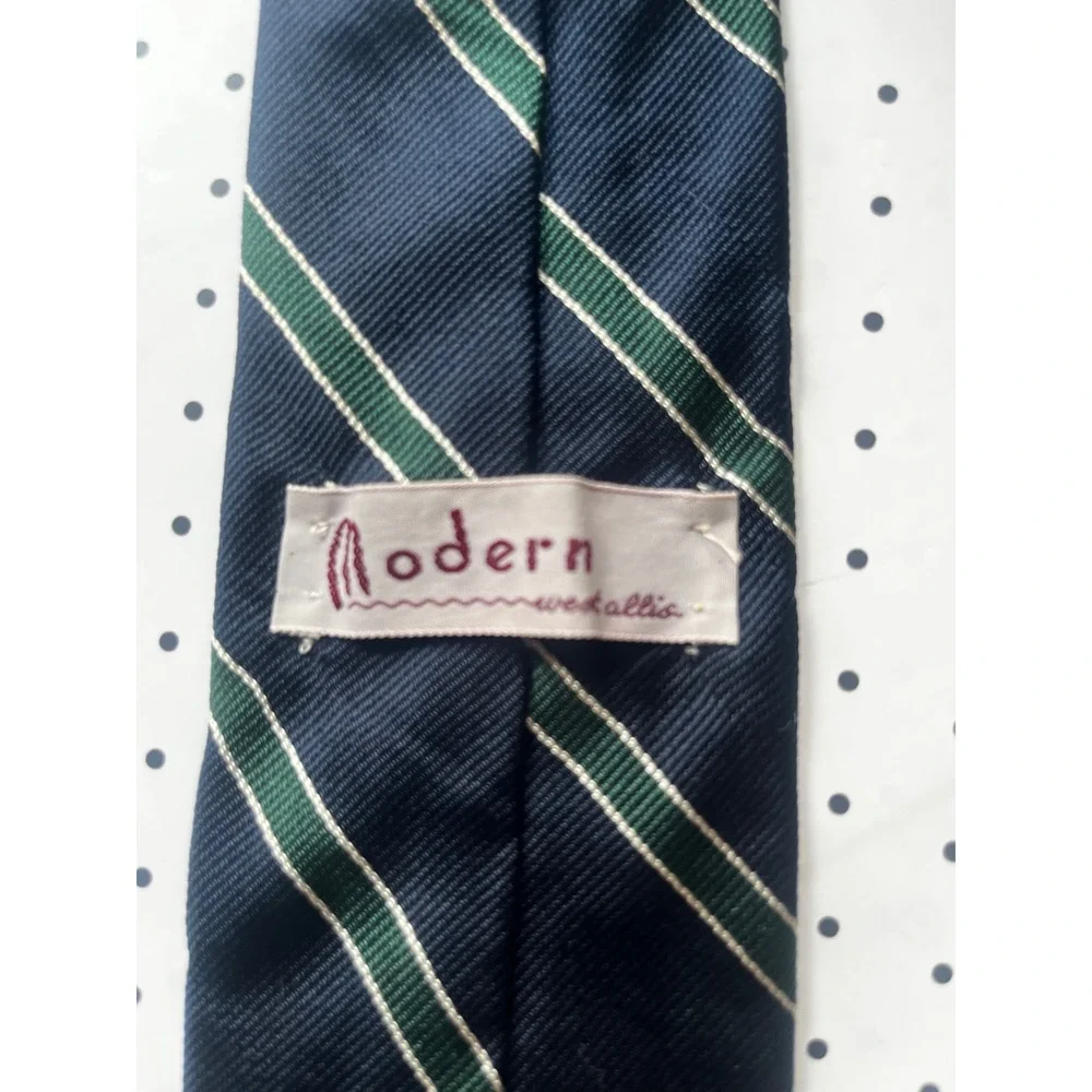 Modern West Allis Mens Vintage Navy Blue Green Striped Rep Silk Blend Necktie